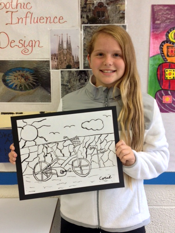 Middle school student Coral Barrett had her ink drawing of a bicycle chosen for the airport display. 