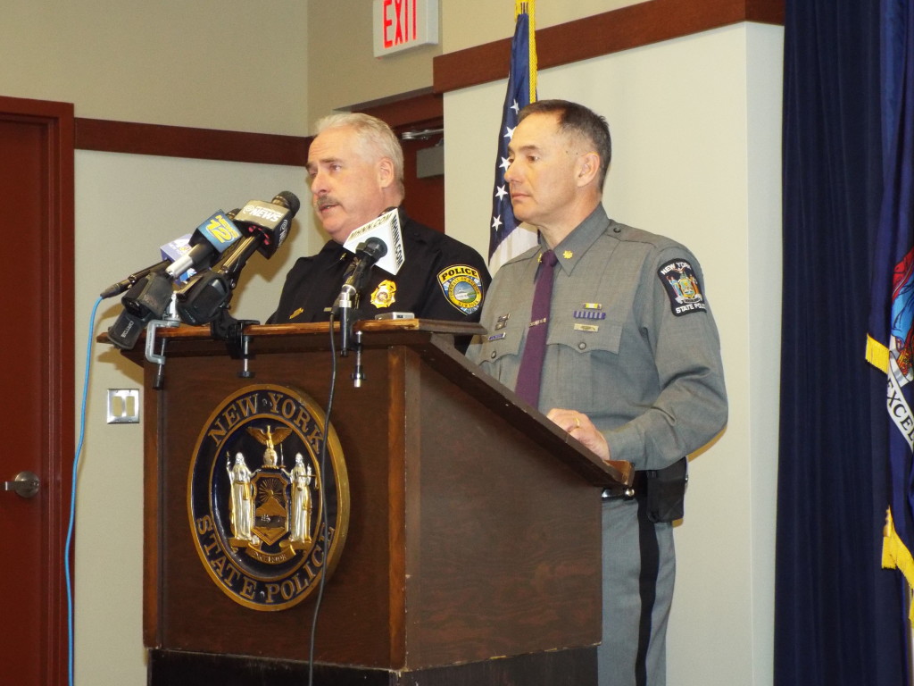 Cornwall-on-Hudson Police Chief Steven Dixon and Major Joseph A. Tripodo, of the New York State Police Department, answer questions during a news conference. 