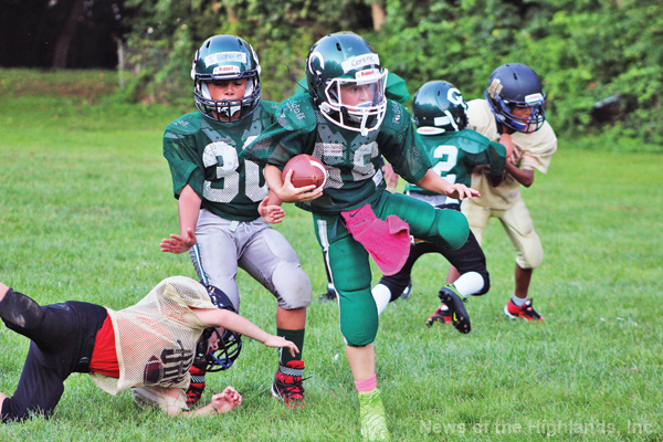 Photo by Mary Jane Pitt Yellow school buses return in September, while gold and rust-colored leaves surround us in the months that follow. But the first sign of autumn is the Dragon green worn by football players of all ages. Here fourth-grader Matthew Cerone carries the ball  in a scrimmage against Highland Falls.